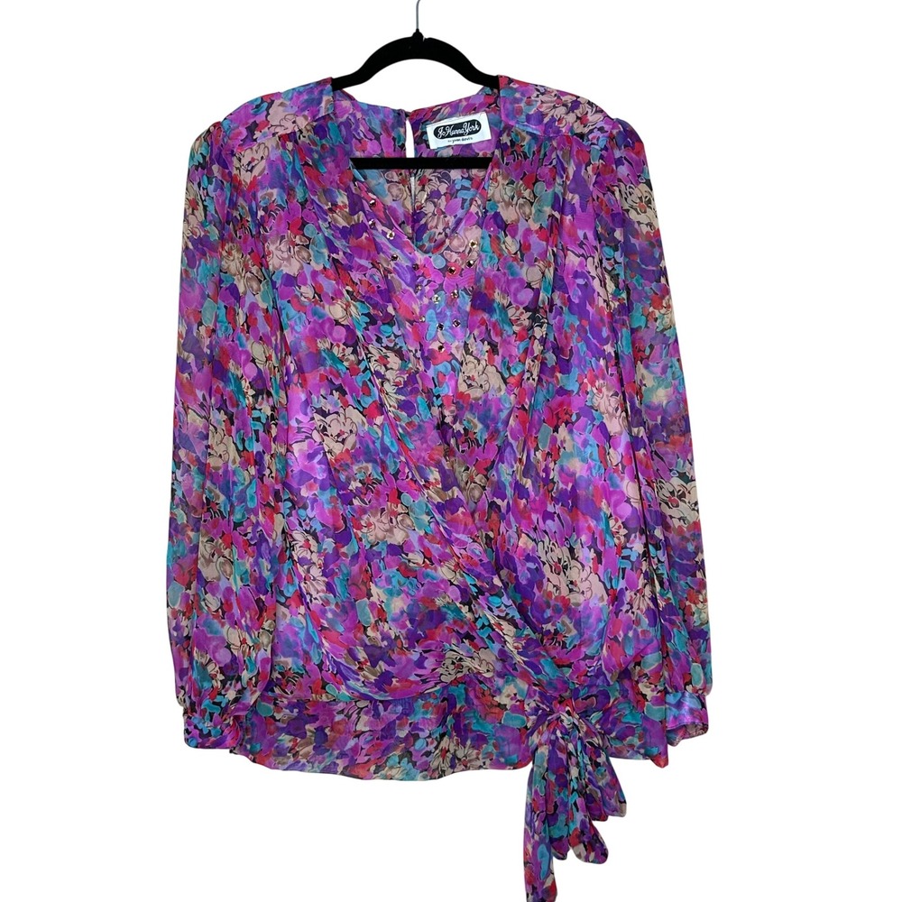 Jo‎ Hanna York Joan Davis M VTG Floral Rhinestone Tie Front Blouse Top Retro